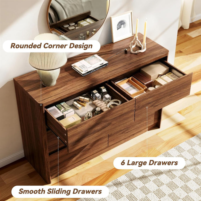 6 Drawer Walnut Dresser for Bedroom, 47.2" Wide Modern Chest of Drawers with 6 Large Storage Space with Curved Edge Design, Large Dresser for Bedroom,Walnut