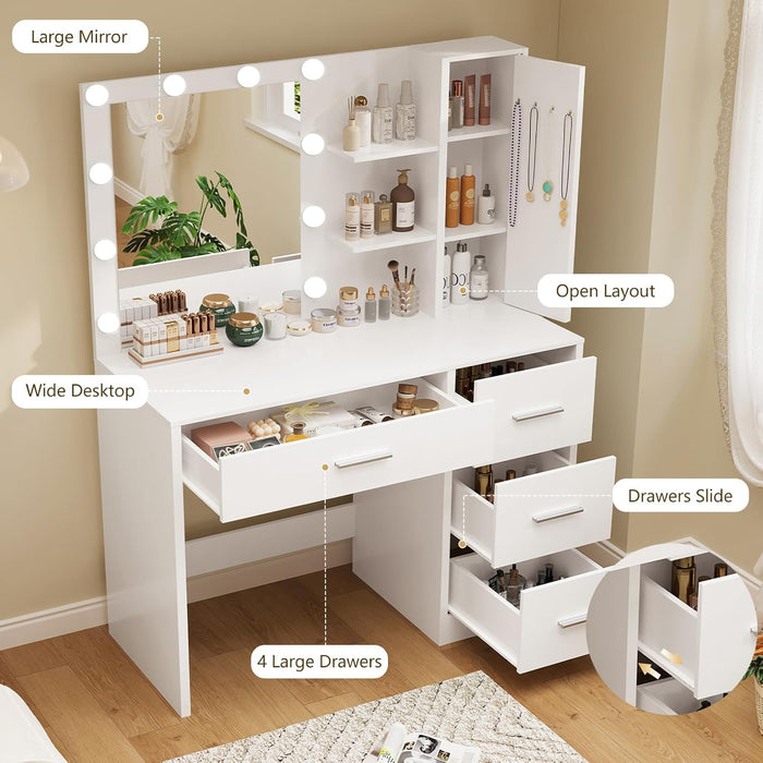 Makeup Vanity with Lights, Vanity Desk with Mirror and 10 LED Lights, White Table with 4 Drawers, Cabinet & 4 Necklace Hooks, Dressing Table for Bedroom,Grils Vanity, White