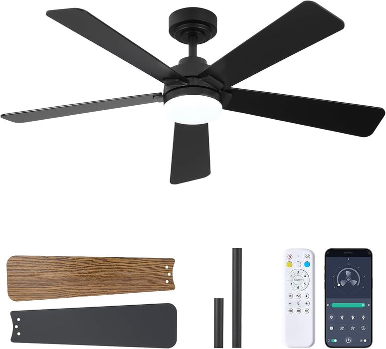 48 Inch Ceiling Fans with Lights and Remote, Downrod Mount, Sloped Ceiling Compatible up to 15°, Quiet Reversible DC Motor, 3CCT Dimmable LED, Black Ceiling Fan for Bedroom Living Room