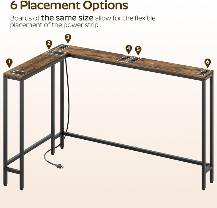 Narrow Console Table with Outlets, 70.9" Sofa Table Narrow Long, L Shaped behind Couch Entryway Table with Charging Station, for Living Room, Hallway, 3 Assembly Options, Rustic Brown CT07UBR