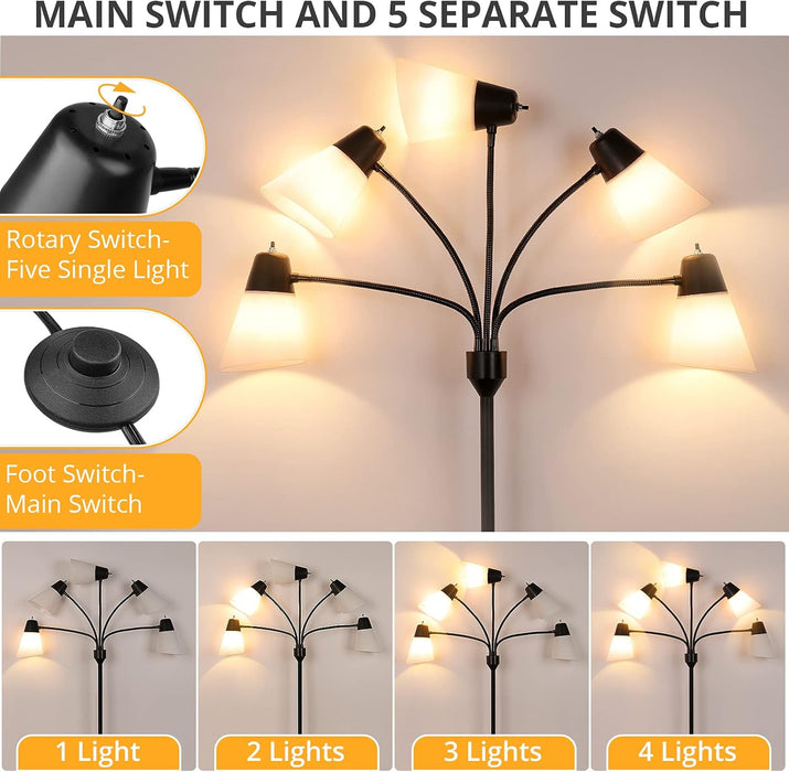 LED Floor Lamp, Medusa Multi Head Modern Tall, Rustic Adjustable Reading Standing Light for Living/Kids Room, Bedroom, Black