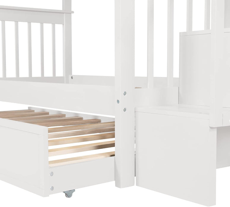 Twin over Twin Bunk Bed with Stairs and Trundle, Solid Wood Stairway Bunk Bed Frame with Storage, for Kids Teens Adults – White
