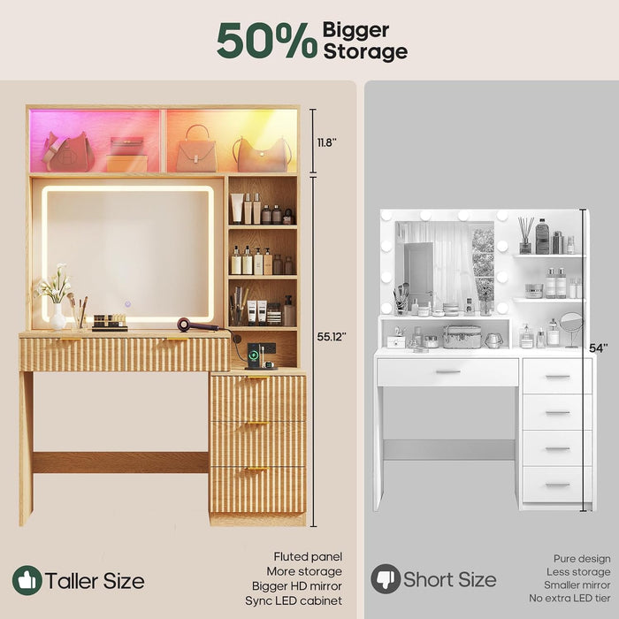 Oak Luxurious Vanity Desk With Mirror Illumination