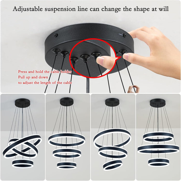 Modern LED Chandeliers Adjustable Hanging Black Pendant Light Fixture 3 Ring Flush Mount Chandeliers for Bedroom,Kitchen,Island Cafe