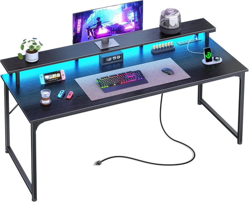55 Inch Gaming Desk, LED & Power Outlets, Monitor Stand, Black