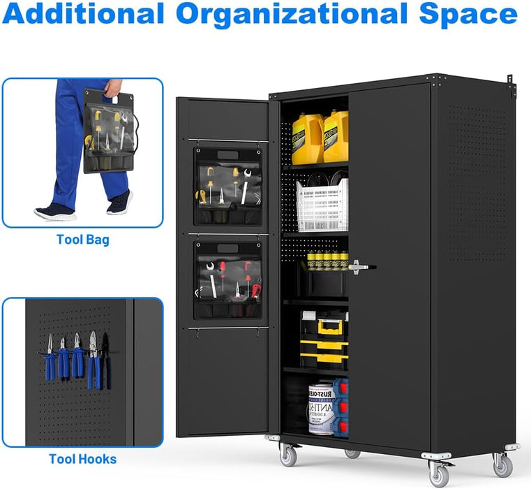 Black Metal Garage Storage Cabinet Pegboard Lockable