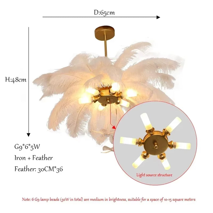 Luxury LED Ostrich Bird Feather Chandelier Lamp White Living Room Ceiling Light Home Decoration Hanging Lighting Fixture