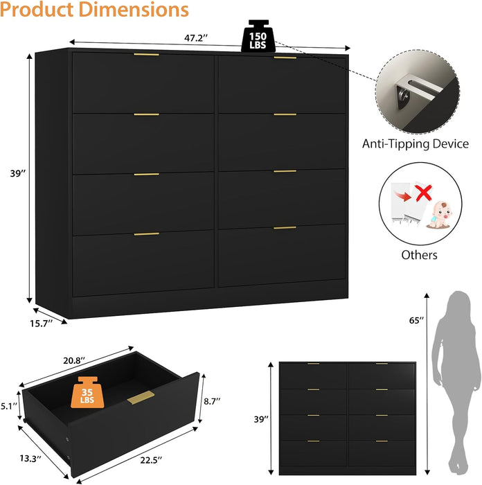 Black Dresser for Bedroom, 8 Drawer Dresser with Deep Drawer, Tall Modern Chest of Drawers with Golden Handle, Large Storage Organizer Bedroom Furniture, TV Stand for Living Room, Hallway, Entryway