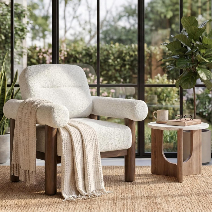 Beige Boucle Upholstered Barrel Chair With SolidWood