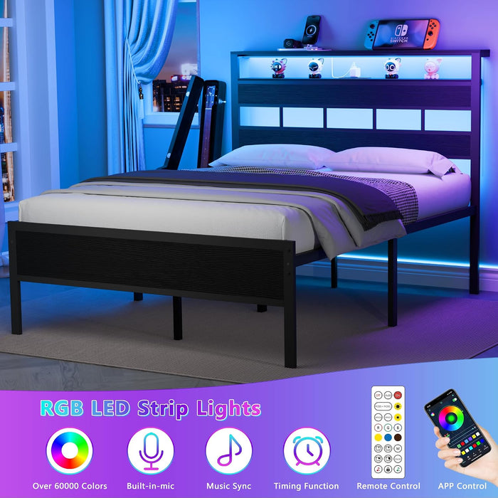Full Size Bed Frame, Storage Headboard, LED & Charger, Black Oak