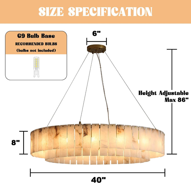 Round Alabaster Chandelier 40 Inch 16-Lights, Modern Gold Finish 2-Tier Spanish Natural Marble Pendant Lighting Fixtures, for Dining Room, Living Room, Bedroom, Foyer, Entryway