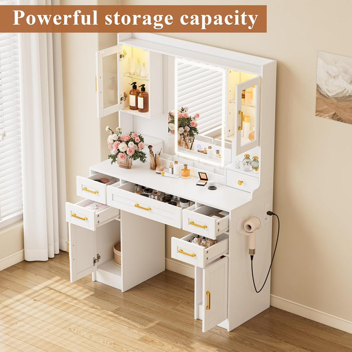 White Vanity Desk with Sliding Mirror and Lights, Women Makeup Vanity with 3 Colors Light & Power Outlet, 2 Shelves & 5 Drawers for Bedroom (043White No Bench, 42.1 * 15.75 * 57.72In)