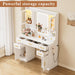 White Vanity Desk with Sliding Mirror and Lights, Women Makeup Vanity with 3 Colors Light & Power Outlet, 2 Shelves & 5 Drawers for Bedroom (043White No Bench, 42.1 * 15.75 * 57.72In)