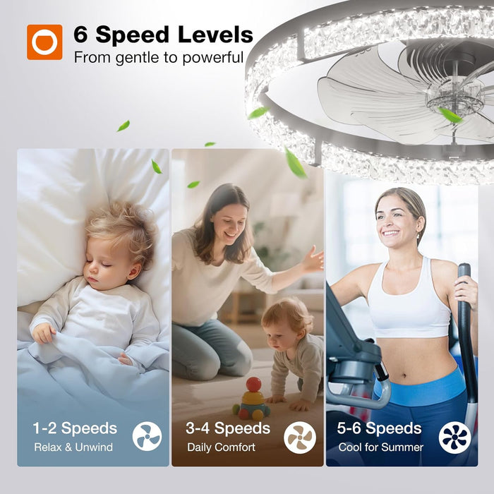Ceiling Fans with Lights and Remote, 24'' Low Profile Flush Mount Ceiling Fan, 3000–6000K Dimmable LED Fandelier, Bladeless Crystal Fan Light for Bedroom, Kitchen, Living Room, Black
