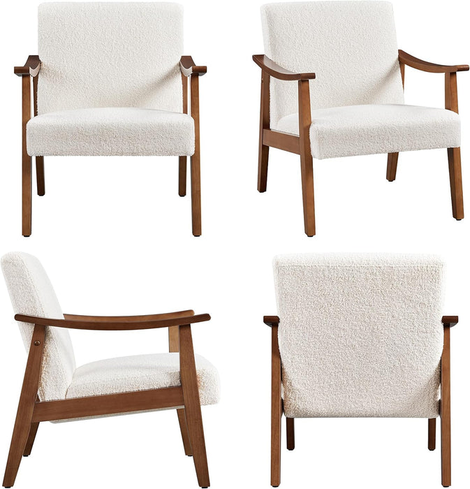 Fabric Accent Chair, Mid-Century Modern Armchair with Solid Wood Legs, Reading Leisure Chair with High Back for Living Room Bedroom Waiting Room, Set of 2, Ivory