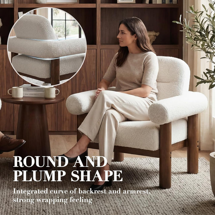Beige Boucle Upholstered Barrel Chair With SolidWood