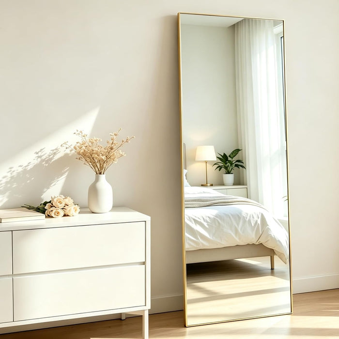 Full Length Mirror 56"X16" Floor Mirror with Stand, Gold Full Body Wall Mirror Standing Hanging or Leaning against Bedroom Mirrors for Entry, Living Room