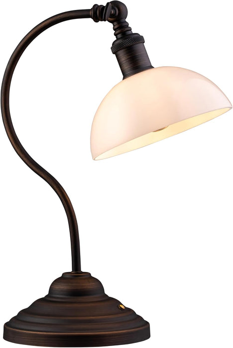 Bankers - Cordless LED Table Lamp, Battery-Operated, Rechargeable, 3-Level Dimming, Universal USB-C Charging, 180° Swivel Head, White Jade Glass Shade, Oil Rubbed Bronze