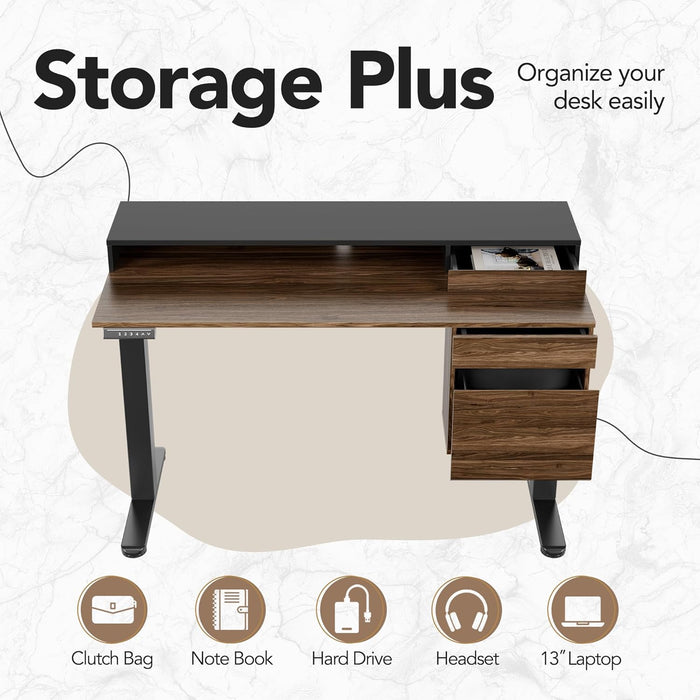 Standing Desk with Drawers and File Cabinet, 47 Inch Electric Height Adjustable Desk with Storage, Ergonomic Stand up Table Compatible with Monitor Stand, Black Walnut