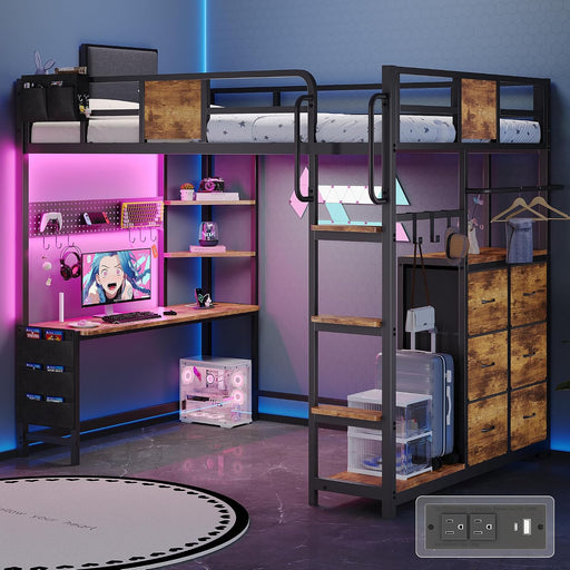 Twin Loft Bed with Desk, Twin Bed Frame with 6 Storage Drawers, 2 Bedside Organizer,3 Movable Hooks,Led Lights & Charging Station,Bunk Bed with Desk, Clothes Rack,Safety Guardrail,Rustic Brown