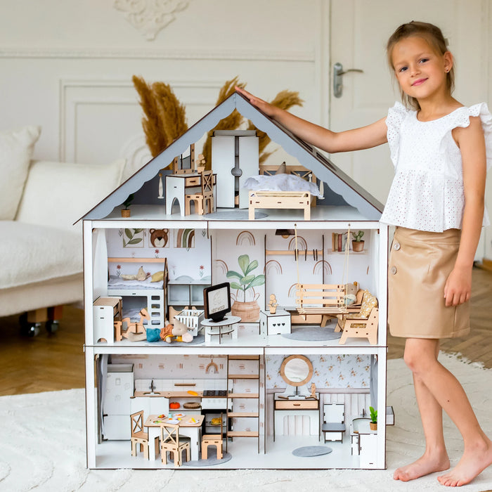 Large Wooden White Dollhouse with Loft, Swing and Balcony, Lovely Playhouse with Stairs and Ladder