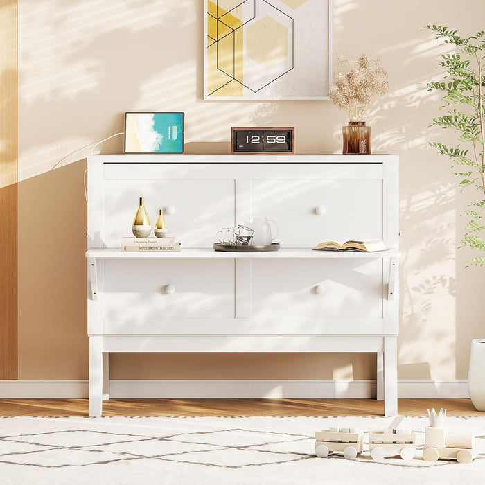 Full Size Murphy Bed, Bed with USB Port and Removable Shelves on Each Side,White