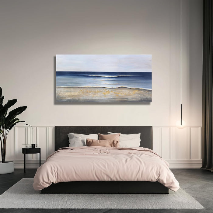 Ocean Wall Art Blue and Gold Modern Minimalist Wall Decor Sea Wave and Beaches Canvas Painting for Living Room Bedroom Dinning Room Home Office Home Decor 24X48 Inch