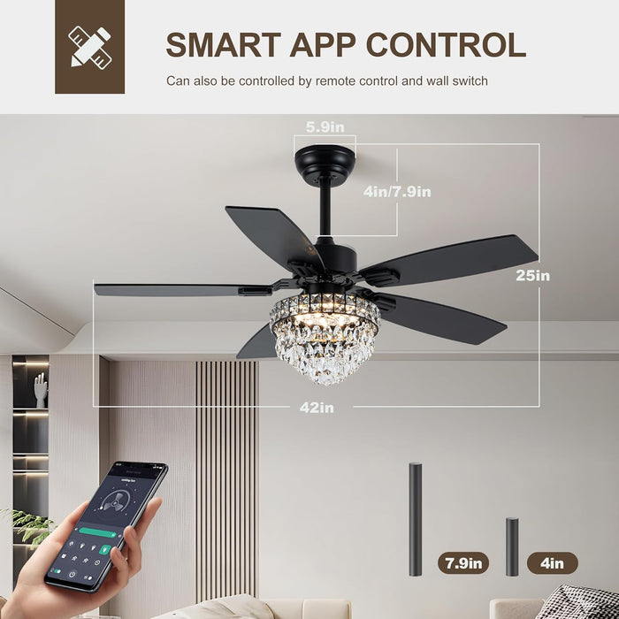 Black 42Inch Chandelier Ceiling Fan App Smart Lighting