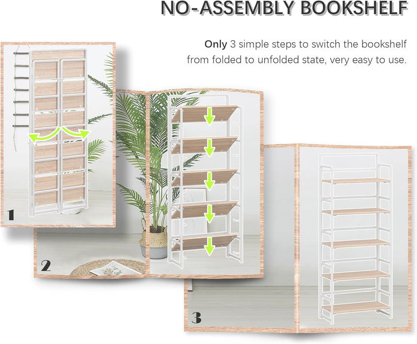 No Assembly 5 Tiers Folding Bookshelf Storage Shelves Vintage Bookcase Standing Racks Study Organizer Home Office (Natural White)