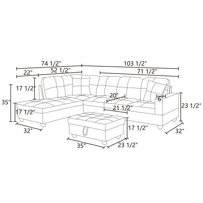 4 Seat Living Room Furniture Sets, Flannel Sectional Sofa, Modern L-Shaped Couches and Sofas Set for Home, Black(No Ottomans)