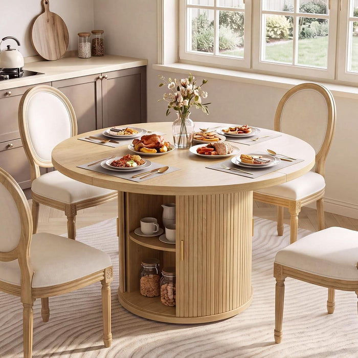 43"-79" Extendable Dining Table for 4-8 with Storage Base, Natural Oak
