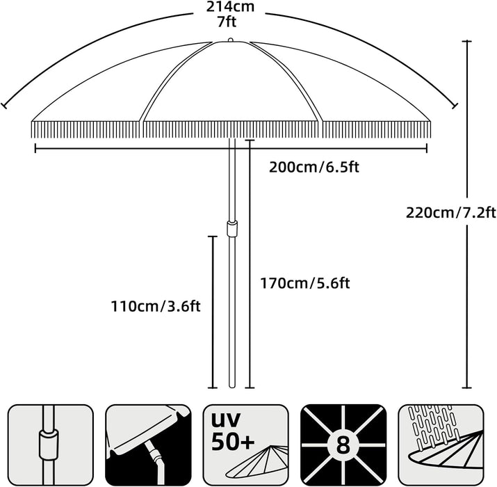 7Ft Patio Umbrella with Fringe Outdoor Tassel Umbrella UPF50+ Premium Steel Pole and Ribs Push Button Tilt, White Cream