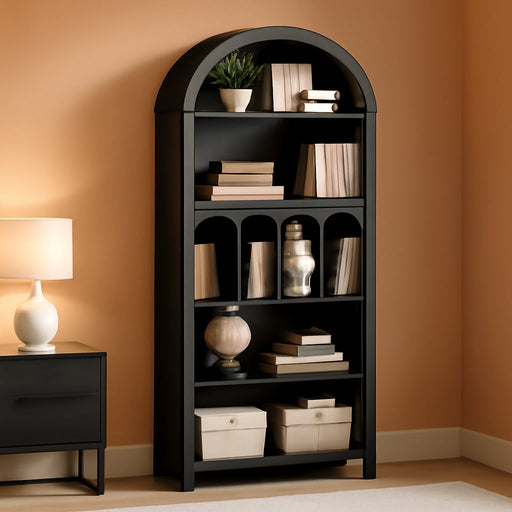 70.9" Tall Arched Bookcase, Wooden Open Display Shelves, Black | 5-Tier Book Shelf with Storage, Farmhouse Arched Cabinet for Bedroom, Home Office, Living Room