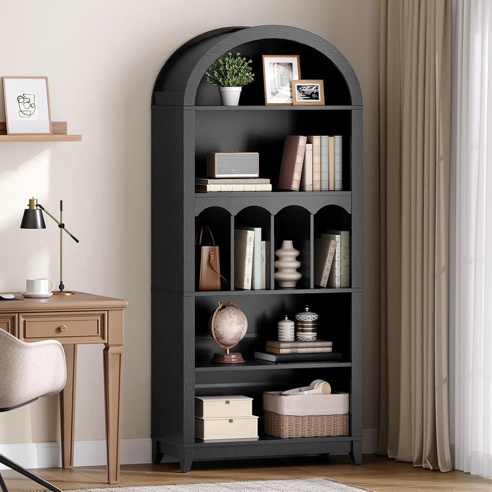 70.9" Tall Arched Bookcase, Wooden Open Display Shelves, Black | 5-Tier Book Shelf with Storage, Farmhouse Arched Cabinet for Bedroom, Home Office, Living Room