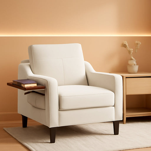 Accent Chair for Living Room Modern Linen Upholstered Armchair Side Wooden Fabric Sofa Chair with Foldable Table 2 Side Pockets Comfy Reading Chair for Bedroom