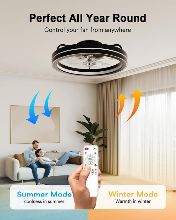 Smart Ceiling Fan Light with 2200K Nightlight, Wifi & Bluetooth Low Profile Ceiling Fan with Light Remote for Bedroom, RGBAI & 42 Scenes Mode, Flush Mount Easy to Install, 5000 LM, 19In Black