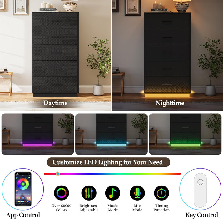 Tall Dresser with 5 Drawers, Modern Wooden Chest of Drawers with Diamond Panel, Anti-Tipping Device, Sturdy and Stable Storage Organizer for Bedroom, Hallway, Living Room