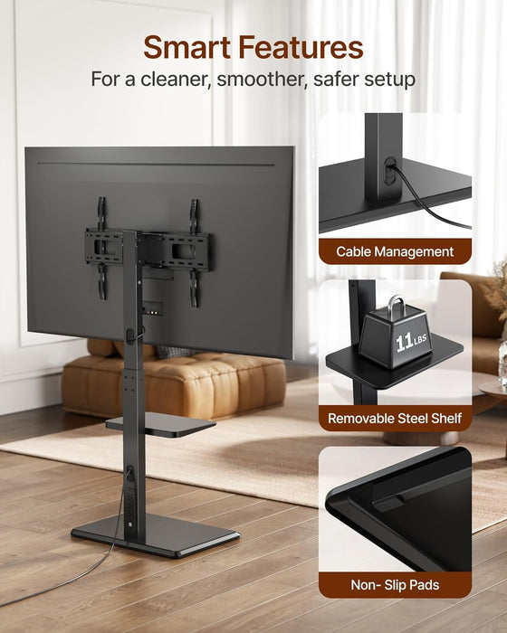 Steel Base Floor TV Stand with Power Outlet for 32-75 Inch Tvs up to 110 Lbs, Leveling & Tilt & Swivel TV Stand with Hidden Wire Management, Height Adjustable TV Stand with Steel Shelf, Black