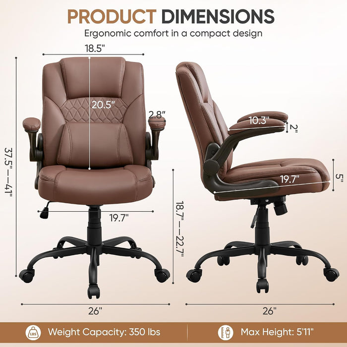 Home Office Chair with Lumbar Support, 5" Thickened Seat, Small PU Leather Rocking Desk Chair, Comfy Computer Chairs with Rolling Wheels & Adjustable Armrests for Adults, Brown