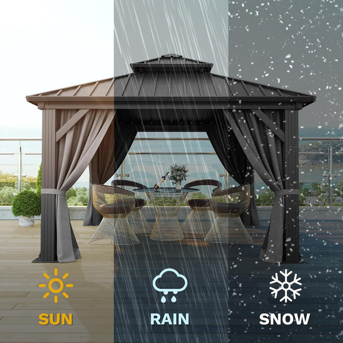 10X10Ft Hardtop Gazebo Double Roof Hardtop with Nettings and Curtains, Heavy Duty Aluminum Frame Galvanized Steel Outdoor for Patio, Backyard, Deck, Lawns, Grey