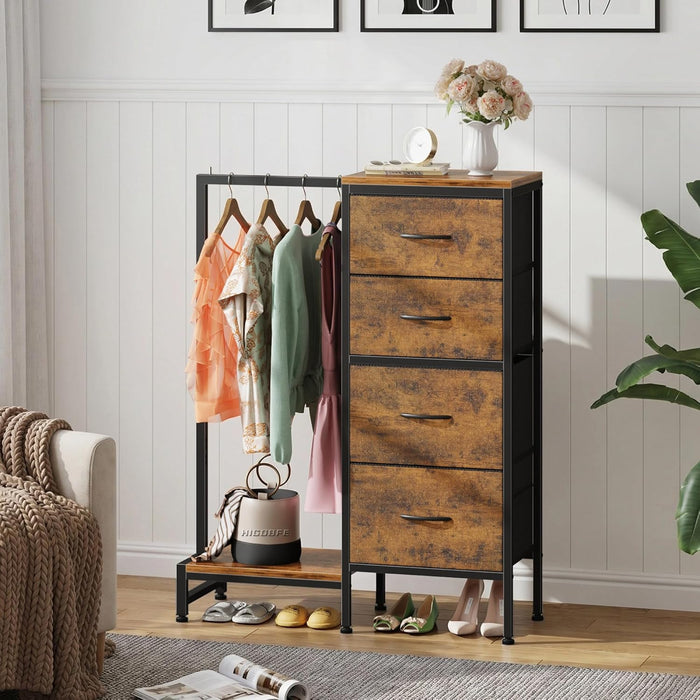 Tall Dresser 44''H with Hanging Rack, 4 Drawers Small Closet Dresser for Bedroom, Reversible Fabric Chest of Drawers with Clothes Rack, Tall Storage Tower, Sturdy Frame, Rustic Brown