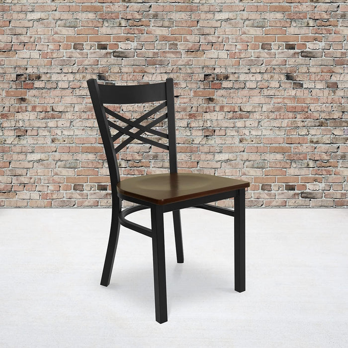 2 Pack HERCULES Series Black ''X'' Back Metal Restaurant Chair - Mahogany Wood Seat