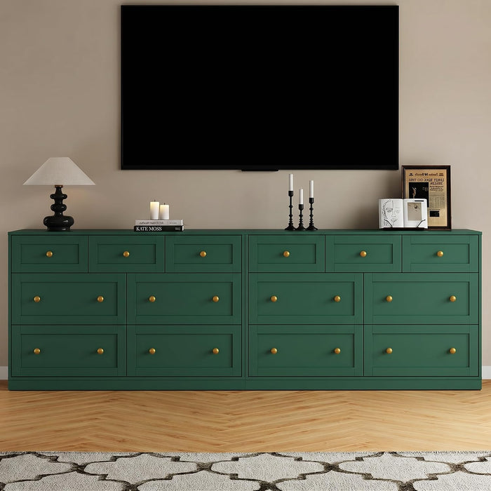 7 Drawer Dresser for Bedroom, Green Wood Chest of Drawers