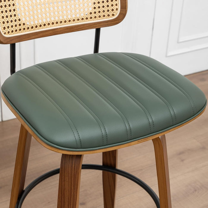Swivel Bar Height Stools, Mid Century Modern Bar Stools with Curved Back | Solid Bentwood Frame, Walnut Finish, Cane Back, PU Leather Upholstered Seat, Kitchen Barstools for Bar, Cafe, Pub, Restaurant