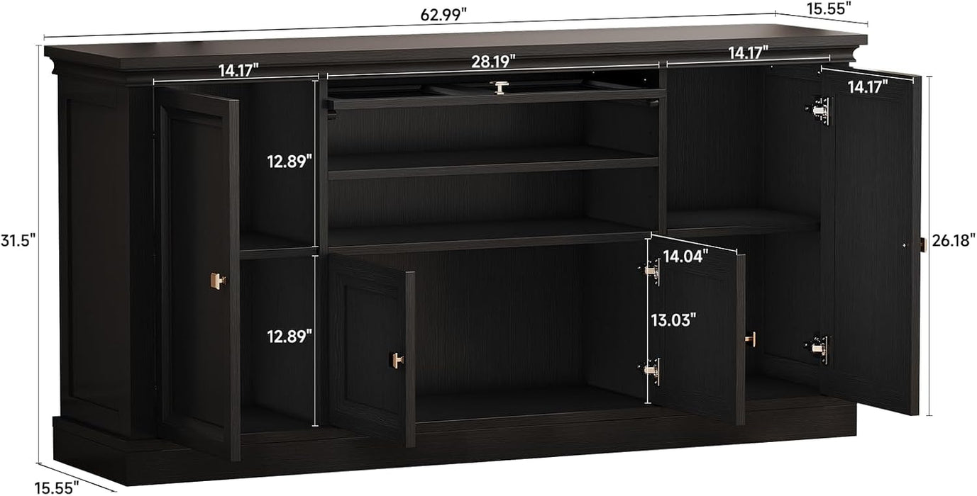 63" Large Buffet Cabinet with Storage, Farmhouse Sideboard Cabinet with Grooved Barn Doors, Wood Rustic Kitchen Buffet Table Coffee Bar Storage Cabinet for Kitchen, Living Room (Black)