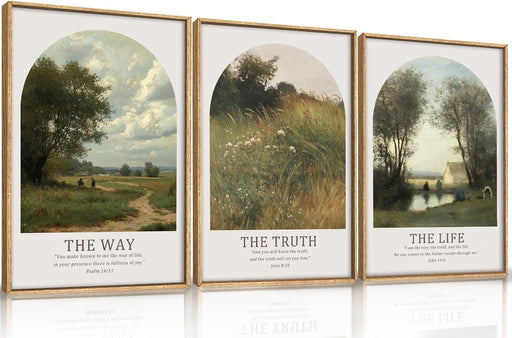 Christian Bible Verse Canvas Wall Art Set 3, Easter Vintage Scripture Framed Painting, Religious Landscape Decor, the Way the Truth the Life Artwork, 16X24In Prints for Living Room,Bedroom,Prayer Room
