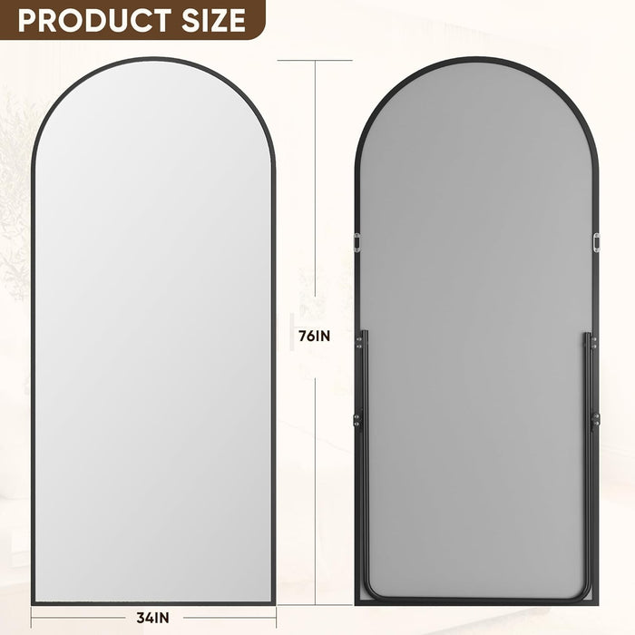 Full Length Mirror, 76"X34" Floor Mirror with Stand, Hanging Mounted Mirrors for Bedroom, Living Room, Cloakroom, Dining Room, Black, Arched