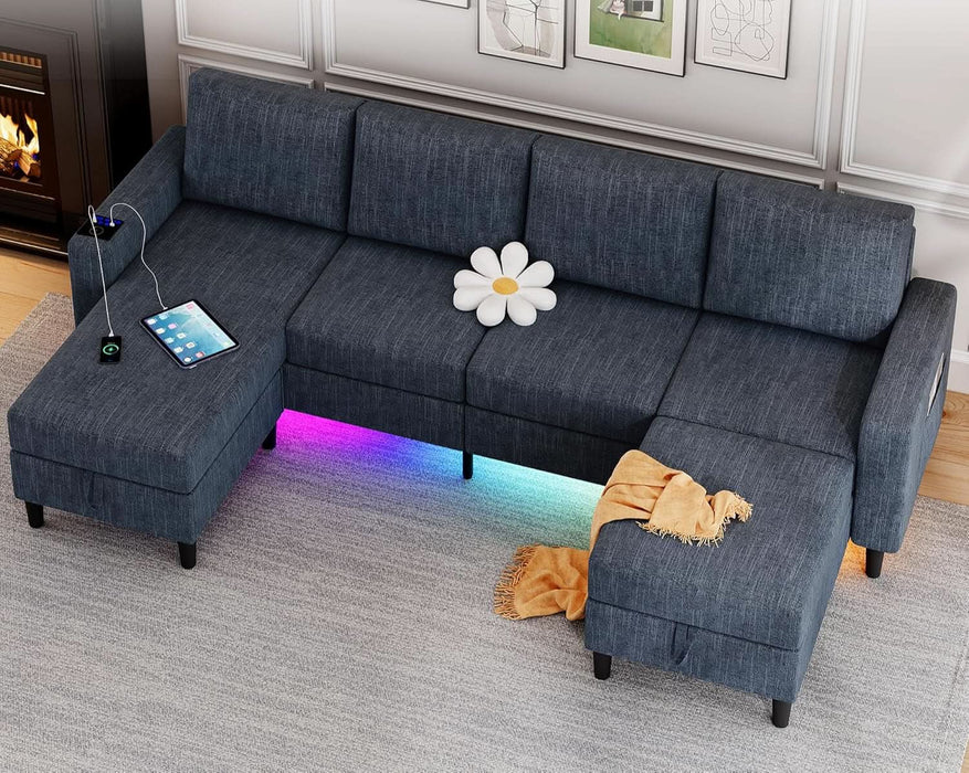 Sectional Couches for Living Room, 4 Seat Linen Sectional Sofa with Reversible Chaise Lounge/Storage Ottoman, U Shaped Couch with Smart Module-Wireless Charging/Usb/Type-C/Rgb Light (Blue)