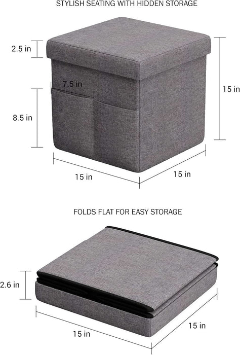 Set of 2 Ottomans with Storage Pockets - 15-Inch Folding Foot Rests or Storage Organizers for Bedroom, Living Room, or Dorm by  (Gray)