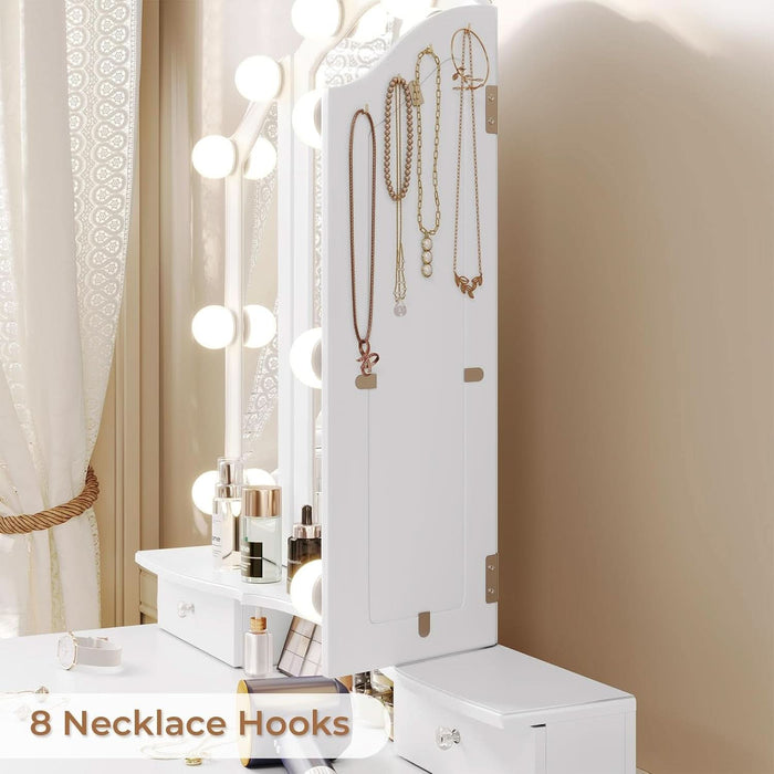 White Makeup Vanity with Lights & Charging Station, Vanity Desk with Mirror and 3 Colors of Lighting Effects, Vanity Table with Tri-Fold Mirror & Necklace Hooks, Makeup Table with Stool
